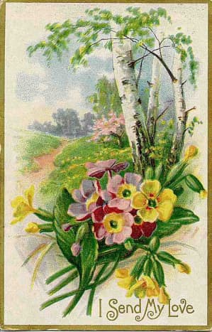Double-click to see larger version I Country lane with flowers Victorian valentine card