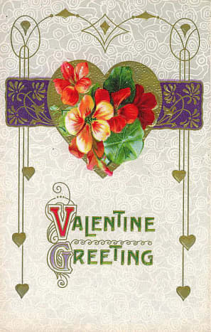 Double-click to see larger version I Free Victorian valentine greeting with scrollwork, a gold heart and flowers