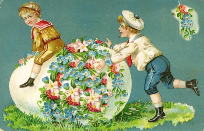 Two vintage cute kids with a large floral Easter egg covered with flowers