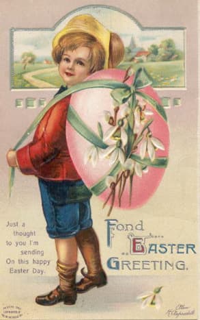 Vintage cute kid Easter card: little boy with pink egg and flowers