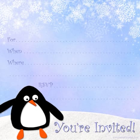 free winter invitation template: penguin and snowflakes