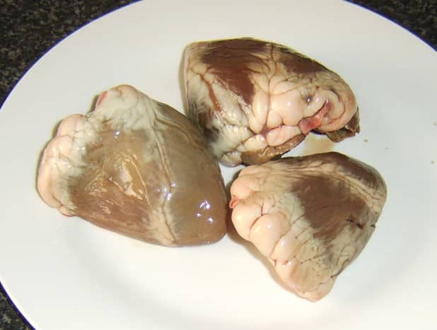 Prepared lamb hearts as bought from butcher