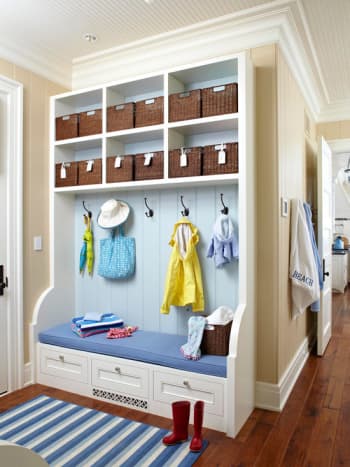 In less than 2 ft. deep 6 ft. wide you can create this unit.  Includes bench, drop down cupboard, coat hooks &amp; baskets.