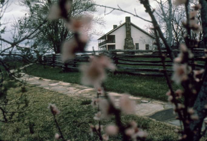 A view of the Elkhorn Tavern as the rebels approached the crest of Pea Ridge.