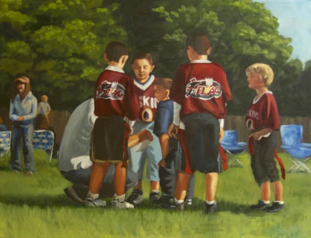 Oil Painting of my grandson's Flag Football Team huddle.