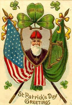 Irish and American flags with picture of St. Patrick