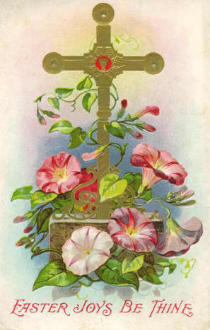 Ornate gold cross with morning glories free vintage religious Easter card