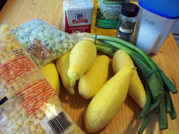 Ingredients for succotash and mashed squash.