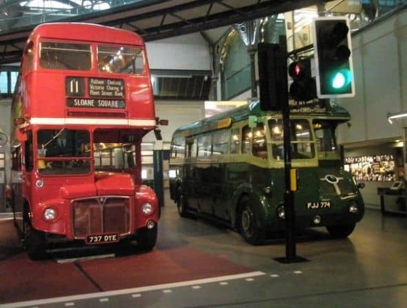 Routemaster next to a smart Greenline. (The Greenlines ran from the city to the country)