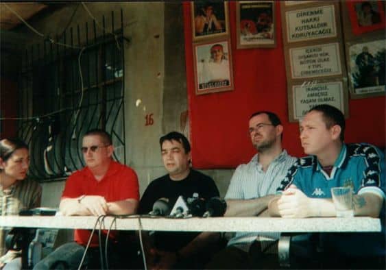 Irish delegation to K&uuml;&ccedil;&uuml;k Armutlu in Istanbul in September 2001 during the Turkish Hunger Strikes. H Block Hunger Striker Mickey Devine's son can be seen in right of photo
