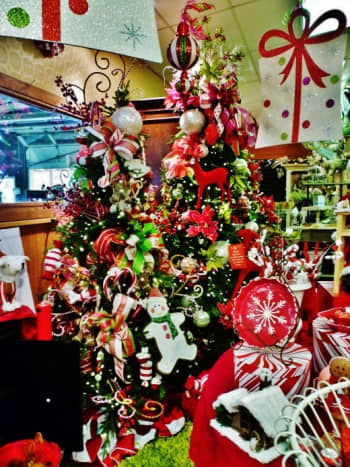 Christmas trees and ornaments for sale at Cornelius Nursery