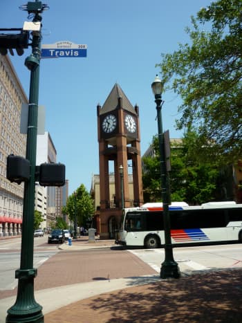 Market Square Park in Houston with the clock tower