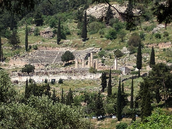 Sanctuary of Apollo, with switchback Sacred Way climbing up to the temple (just a few columns standing) and theater on the slopes above it.