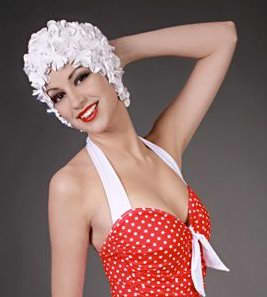 swim cap in white with model in red bathing suit