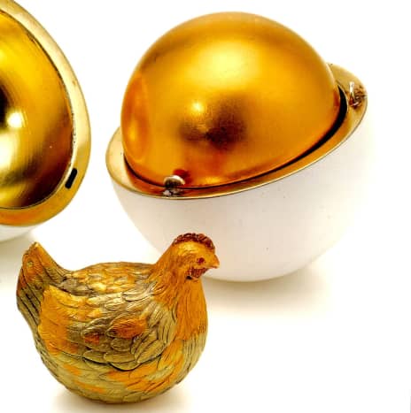 The First Hen Egg (1885)  Note:  This egg is part of the permanent collection of the Faberge' Museum in Saint Petersburg, Russia.
