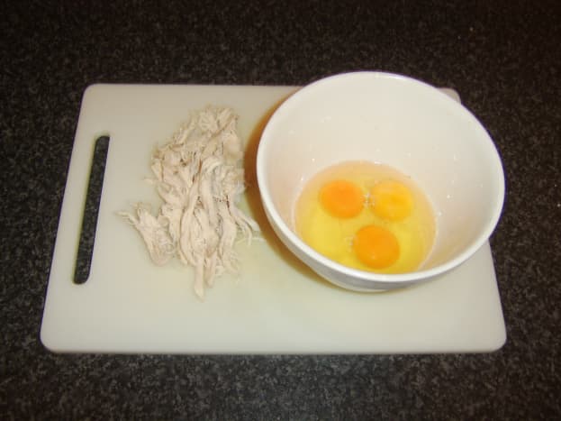Poached chicken and eggs for omelette