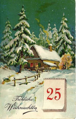 Free Victorian Christmas card with mountain cabin, snow, pine trees and December 25 calendar page