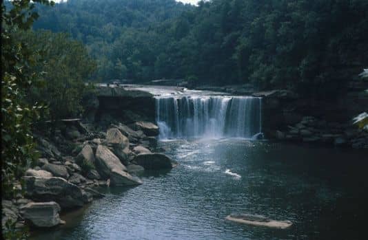 Cumberland Falls is known as Little Niagara, the Niagara of the South, or the Great Falls. It is a large waterfall 68 feet high and 125 feet wide on the Cumberland River in southeastern Kentucky.