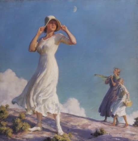 I love the fabric of her dress blowing, and her having to hold on to her hat.  This is a gorgeous piece.  1917 &quot;High Country&quot; by Charles Courtney Curran. 30x30 inches.