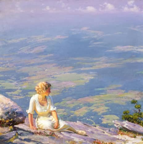 A woman overlooking a valley, near a cliff.  The pastel colors are beautiful, and the valley below looks almost like a patchwork quilt. 1915 by Charles Courtney Curran. 