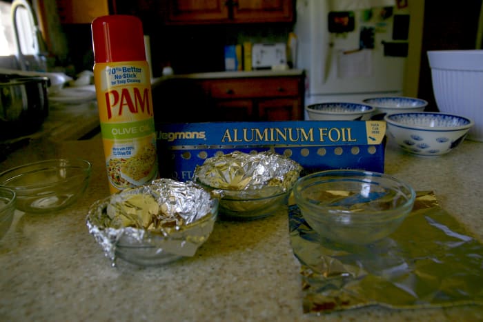 Line small bowls with aluminum foil and spray the aluminum lining with cooking spray.