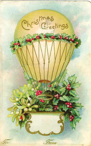 Vintage hot air balloon with holly, mistletoe and &quot;Christmas Greetings&quot; message
