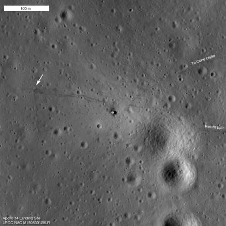 February 2011 views of Antares moon lander (right), instruments left behind (arrow, left), and astronaut tracks. Click link for a sad story: lacking LRO images, the astronauts had to turn back just before reaching a crater they were looking for.