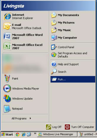 Click Start button -  Click Run &quot;Windows XP&quot; screenshot