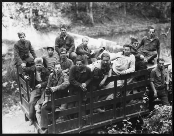 Group of CCC boys from Idaho just arrived in camp near Andersonville, Tennessee. The CCC units are to assist in the reforestation work on the Clinch River watershed above the Dam. circa 1933.