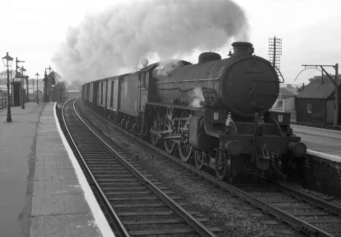 Unidentified ex-LNE B1 4-6-0 barks through Grantham on an up express freight from Hull to London (conveying not less than four fitted vehicles, and to run at maximum 35mph) - see lamp code, buffer beam left and centre  