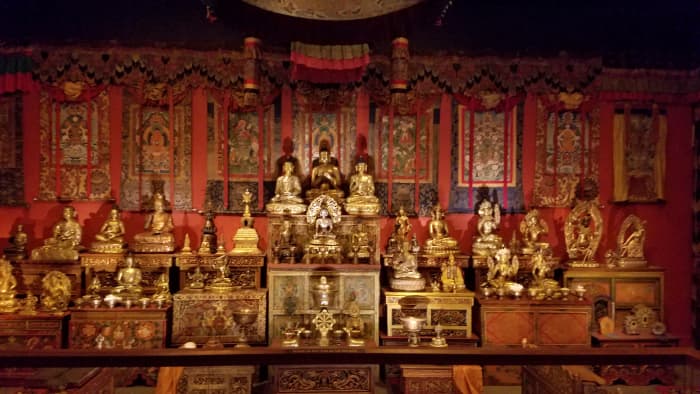 Depiction of the inside of a Buddhist temple.