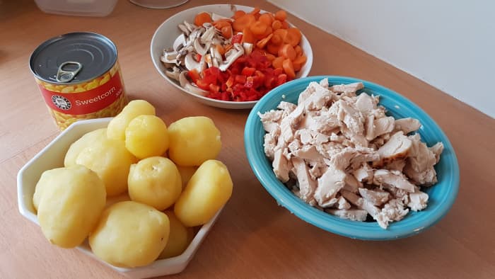 Chicken, potatoes and vegetables ready for the chicken stew.