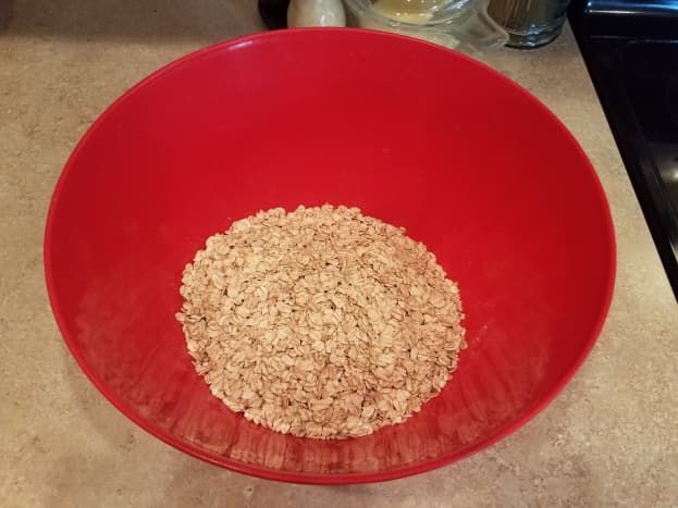 Step One: Add dry oats to a very large bowl. You'll see why such a large bowl is needed in a second.