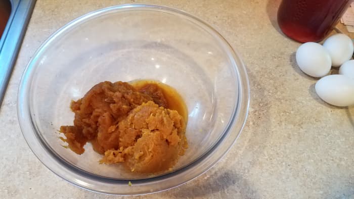 Add in your pumpkin puree. I can my own pumpkin every year, so I used my own pumpkin for this recipe.