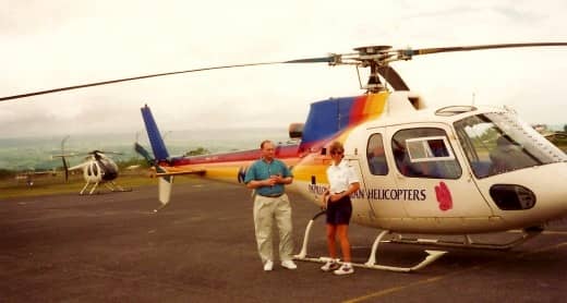 Stopping in Hilo to refuel the helicopter.  My husband is talking to the pilot in this photo.