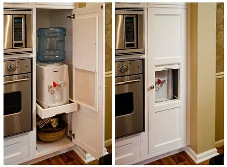 water cooler tucked behind wood cabinets - hidden filtered water
