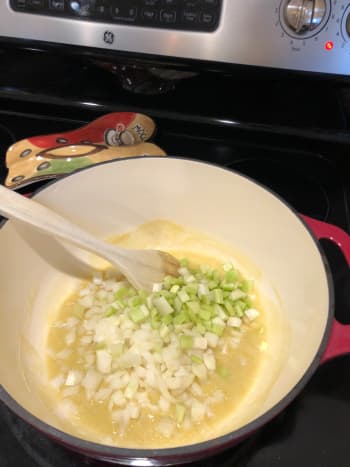 Step 3: Add the onions, celery, bell pepper, and garlic to the roux and stir. Note: sometimes you have to make do with what you have.  On this day, I didn't have any peppers in the house, so I just went without...and so it goes.