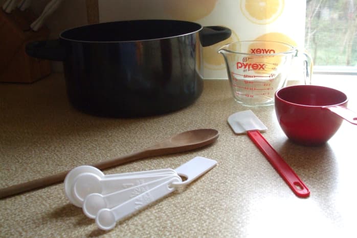 A 3 to 5-quart saucepan, measuring cups and spoons, and spatulas are all you need for the fudge prep.