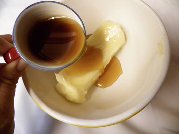 Pour 1/4 cup 100% pure maple syrup on 1/2 cup softened butter.