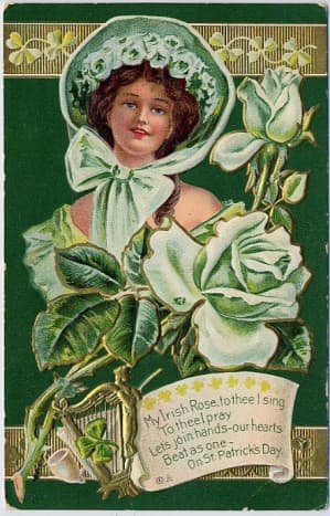 Vintage greeting cards: Woman dressed in green with bonnet for St.Patrick's Day