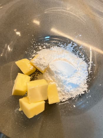 In a large mixing bowl, cream the butter with icing sugar until smooth.