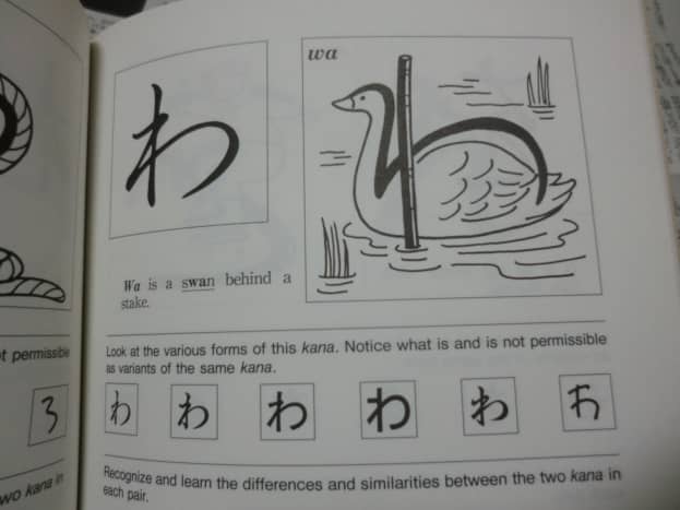 This is the hiragana for &quot;wa.&quot; It looks like a sWAn behind a reed. In the future, when you see a swan think of &quot;wa&quot; 