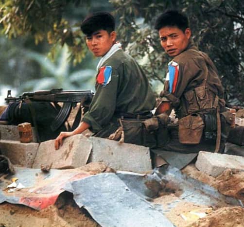 Ho Chi Minh put some of his very best troops in Hue. They would all pin to their left sleeve torn strips of red, blue, and white cloth to represent the People's Liberation Front. They would not back down from American attacks most would die in Hue. 