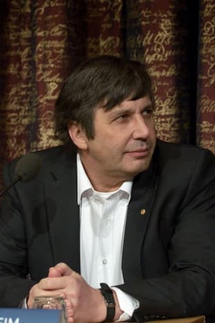 Sir Andre Geim at the Nobel Prize 2010, press conference with the laureates of the Nobel prizes in chemistry and physics and the memorial prize in economic sciences at the Royal Swedish Academy of Sciences.