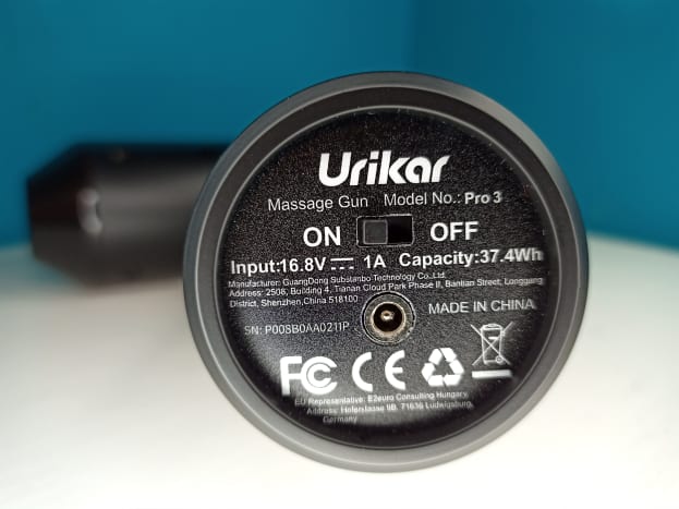 Primary power switch and charging port are located at the butt of the Urikar Pro 3's handle