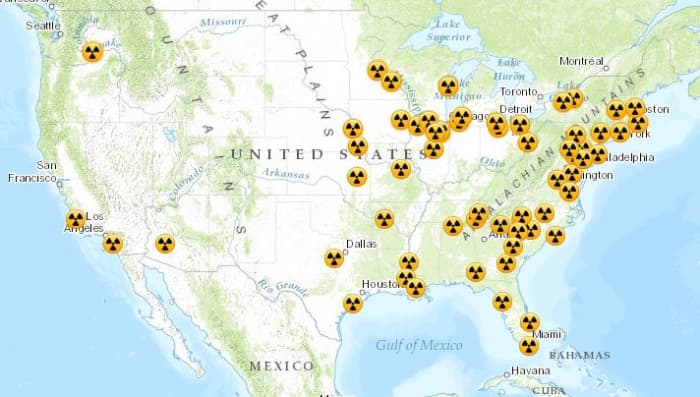 Map of the locations of all the nuclear power plants in the United States.