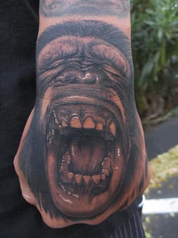 Tattoo by Bob Tyrrell: Ape Tattoo on Hand
