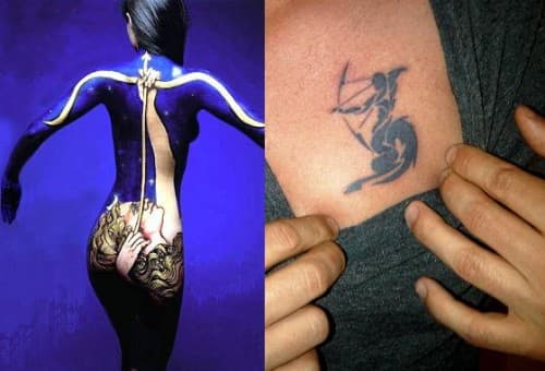 An elaborate and encompassing Sagittarius full-body tattoo compared to a simple one.