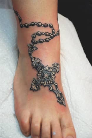 Rosary and celtic cross ankle tattoo