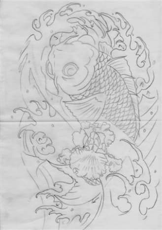 Here is the line drawing of the koi tattoo, design by Bill Liberty.